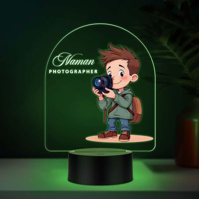 Personalized Photographer LED Night Light, Cartoon Boy with Camera Design, Color Changing Acrylic Lamp Gift for Photographer Office & Home Decor Light